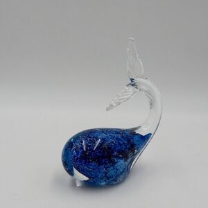Blown Art Glass Whale Blue Cased Clear Paperweight Figurine Tail Up 6 Inch